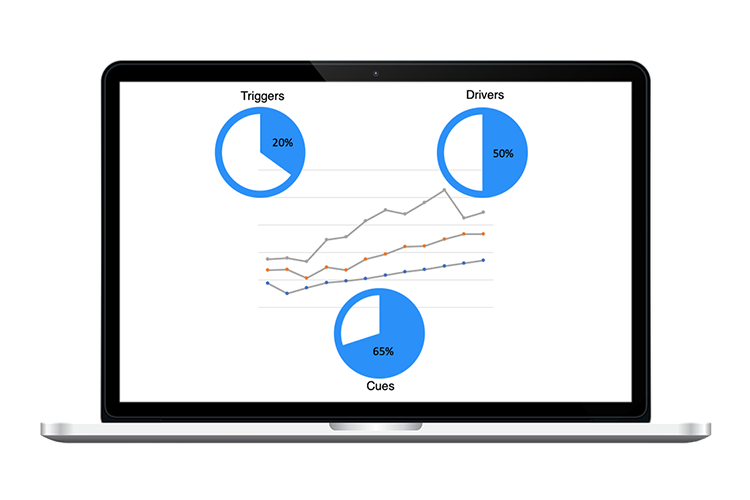 Een grafiek met 3 cirkeldiagrammen voor "Triggers" (20%), "Drivers" (50%) en "Cues" (65%).