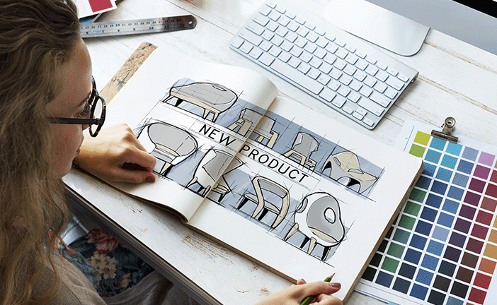 A designer drawing new concepts for a chair product.